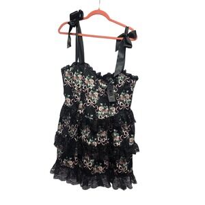 Widow Dolls Kill Black Floral Bow Lace Tiered Ruffle Mini Dress‎ XL NWT